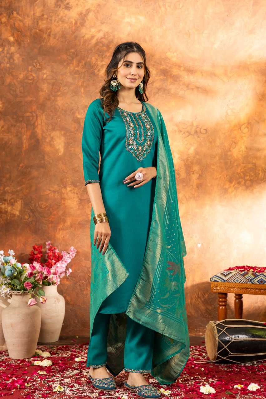 Pramukh Fab Sea Green Color Marina Silk Kurta Set - Distacart