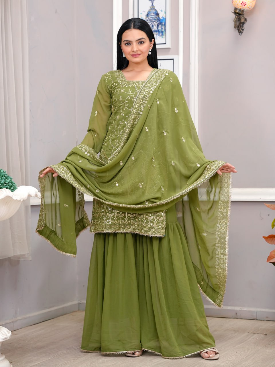Yash Enterprise Light Green Georgette Embroidery Suit Set - Distacart