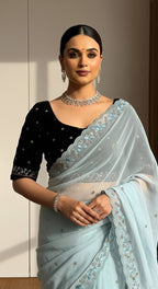 Evanik Skyblue Faux Georgette With Beads & Thread Work Saree With Unstitched Blouse - Distacart