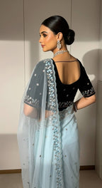 Evanik Skyblue Faux Georgette With Beads & Thread Work Saree With Unstitched Blouse - Distacart