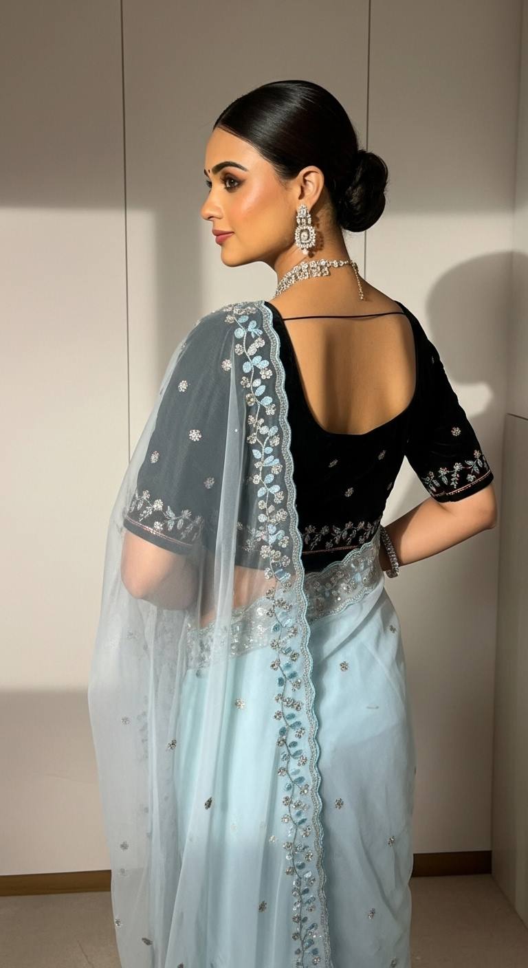 Evanik Skyblue Faux Georgette With Beads & Thread Work Saree With Unstitched Blouse - Distacart