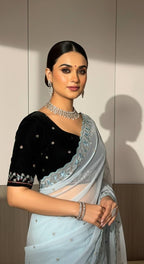 Evanik Skyblue Faux Georgette With Beads & Thread Work Saree With Unstitched Blouse - Distacart