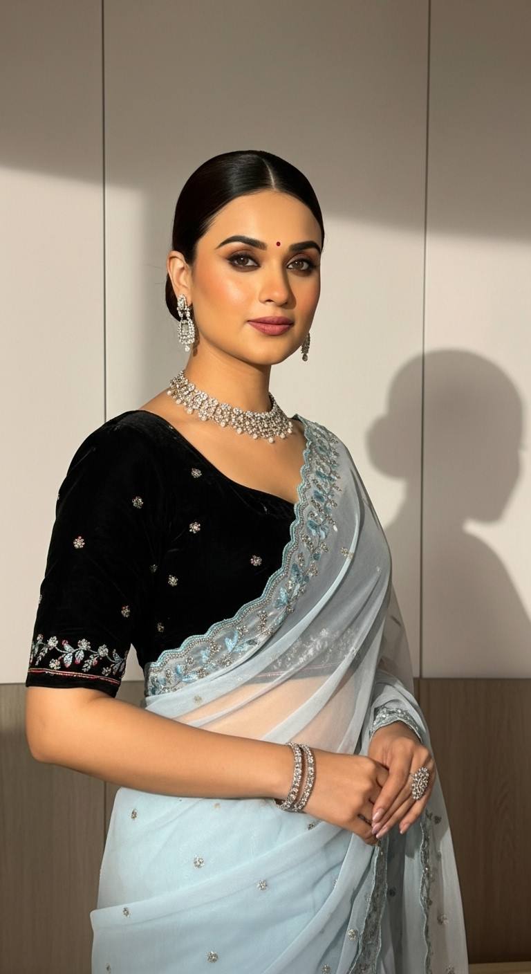Evanik Skyblue Faux Georgette With Beads & Thread Work Saree With Unstitched Blouse - Distacart