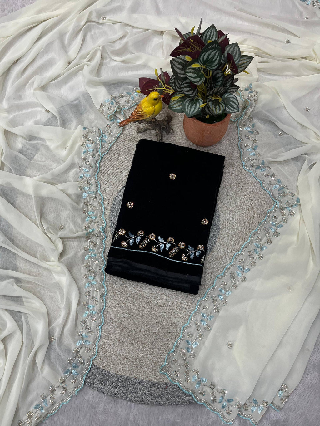Evanik White Faux Georgette With Beads & Thread Work Saree With Unstitched Blouse - Distacart