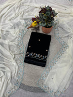 Evanik White Faux Georgette With Beads & Thread Work Saree With Unstitched Blouse - Distacart