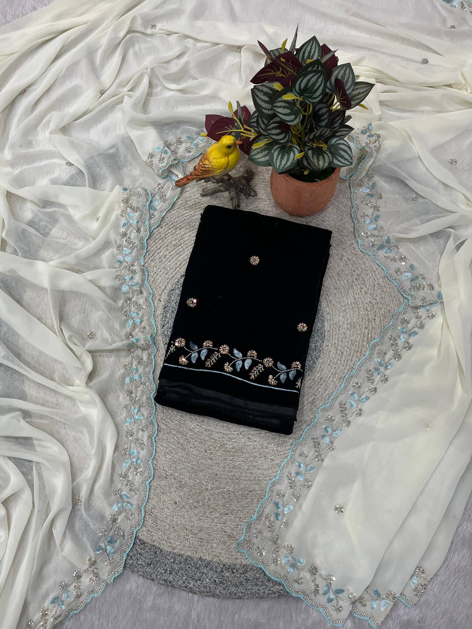 Evanik White Faux Georgette With Beads & Thread Work Saree With Unstitched Blouse - Distacart