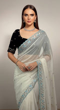Evanik White Faux Georgette With Beads & Thread Work Saree With Unstitched Blouse - Distacart
