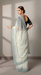 Evanik White Faux Georgette With Beads & Thread Work Saree With Unstitched Blouse - Distacart