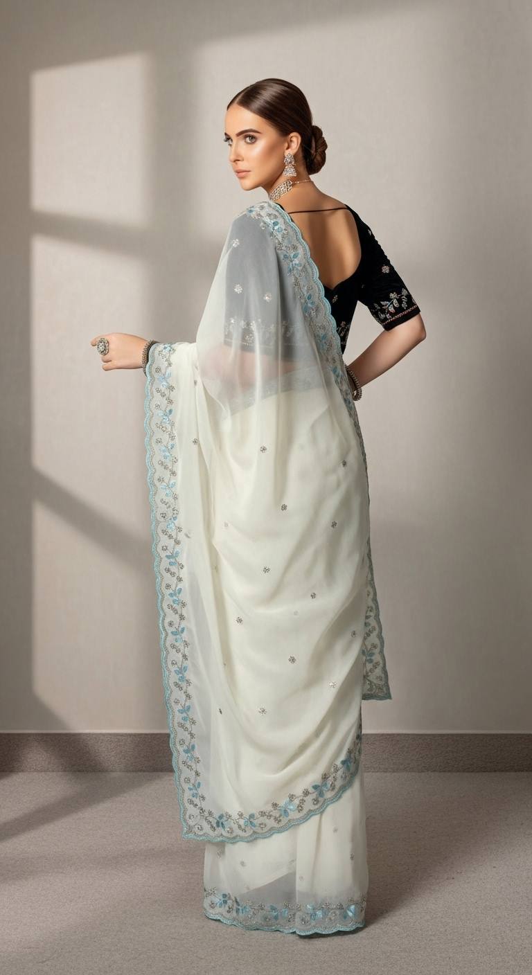 Evanik White Faux Georgette With Beads & Thread Work Saree With Unstitched Blouse - Distacart