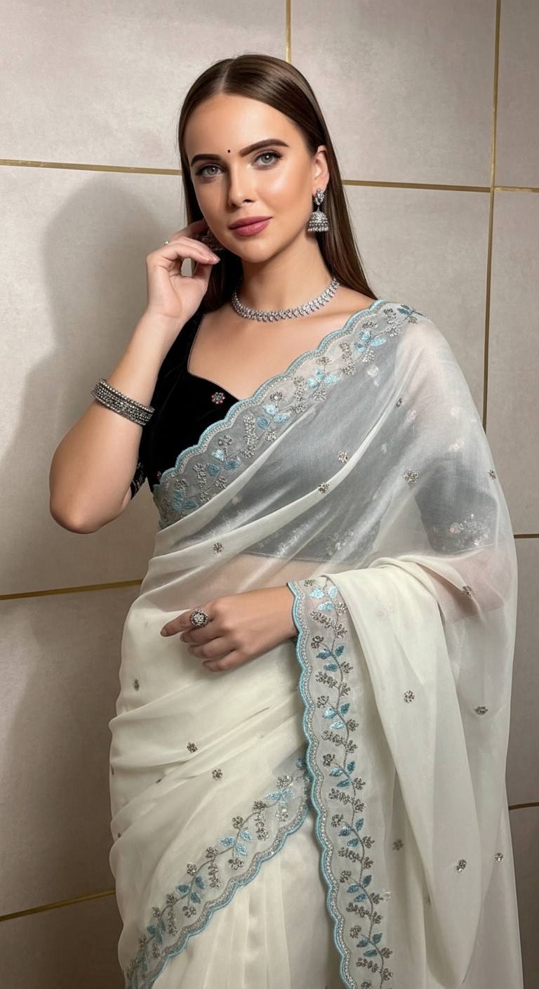 Evanik White Faux Georgette With Beads & Thread Work Saree With Unstitched Blouse - Distacart