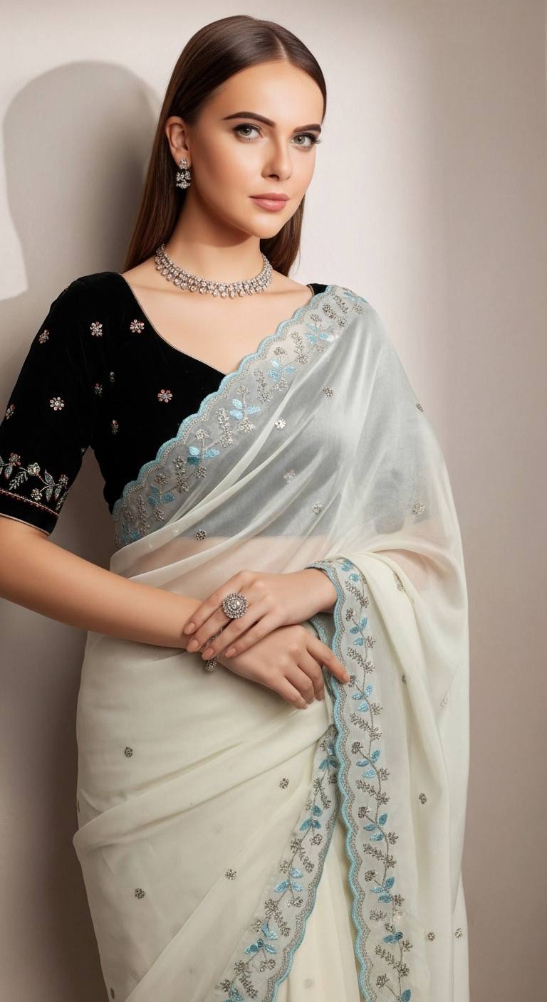 Evanik White Faux Georgette With Beads & Thread Work Saree With Unstitched Blouse - Distacart