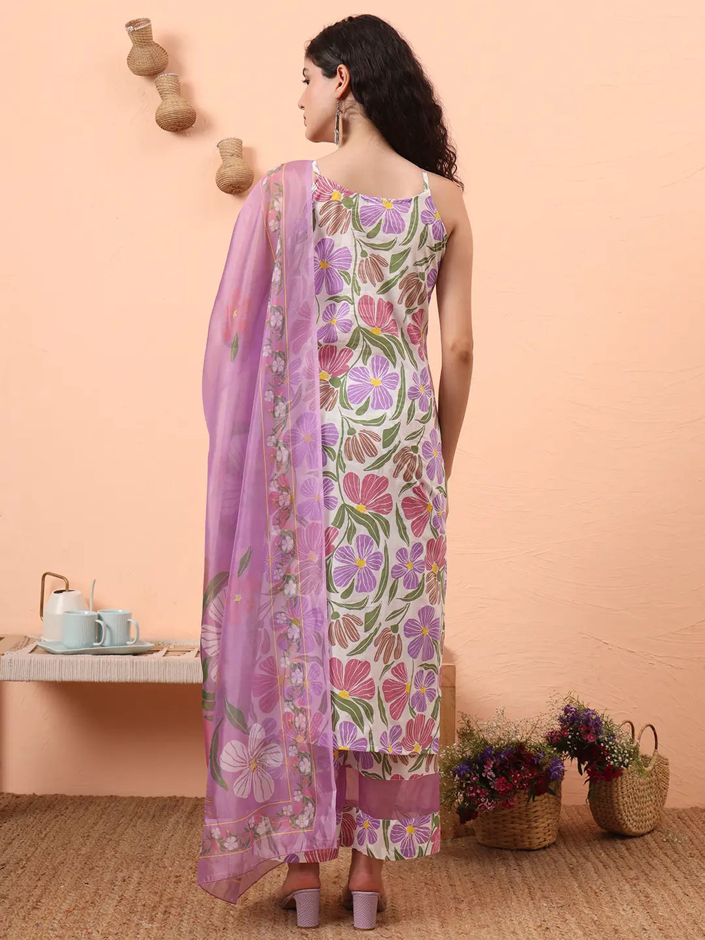Yufta White And Purple Floral Print Lace Work Straight Kurta Trouser Dupatta Set