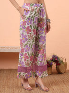 Yufta White And Purple Floral Print Lace Work Straight Kurta Trouser Dupatta Set