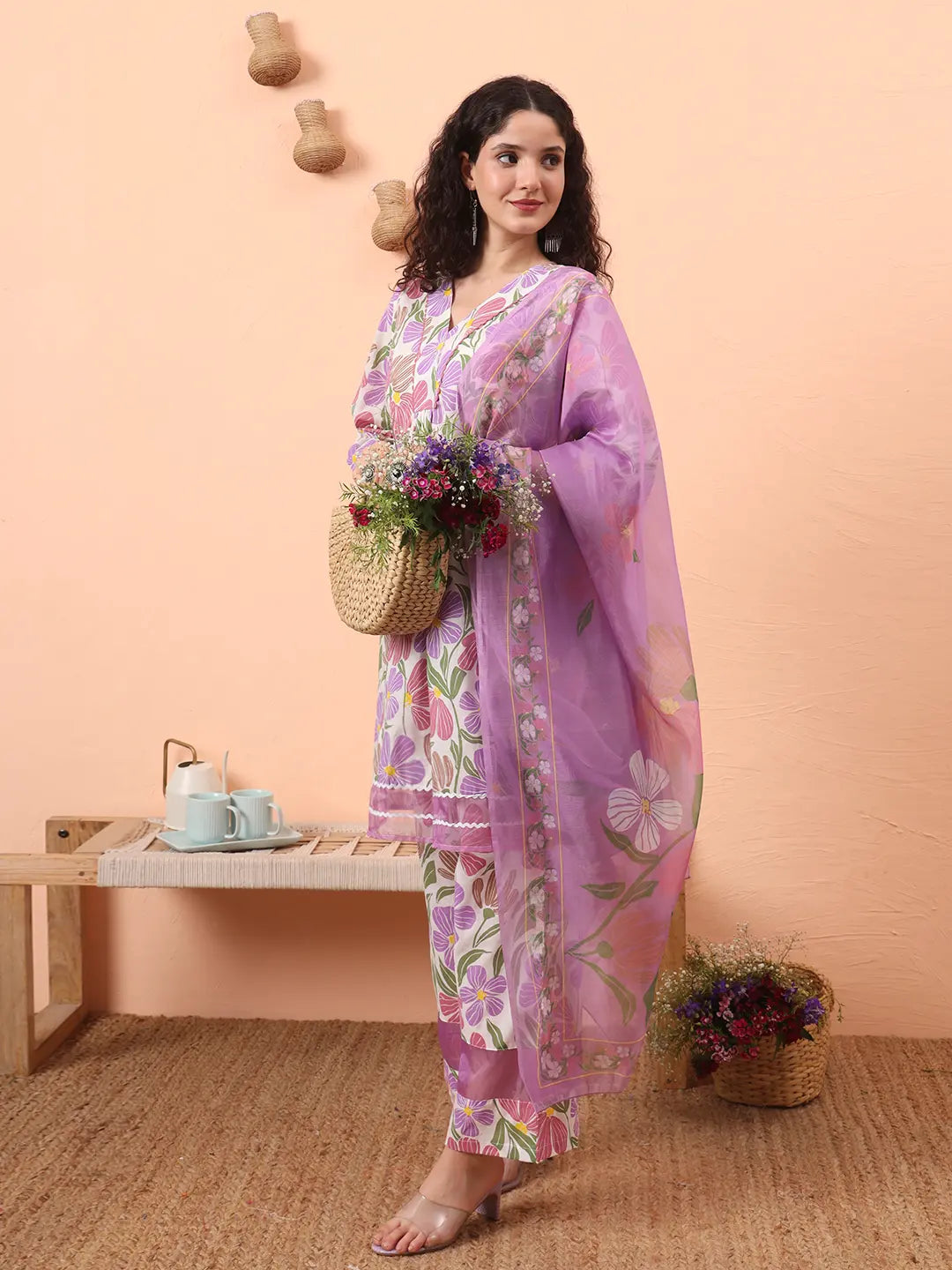 Yufta White And Purple Floral Print Lace Work A-Line Kurta Trouser Dupatta Set