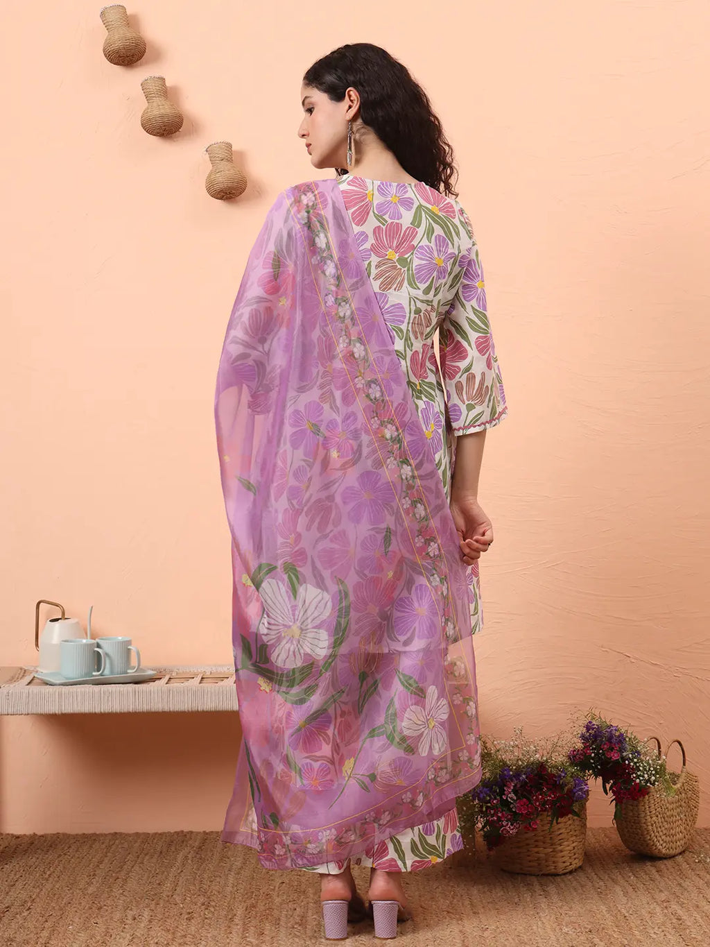 Yufta White And Purple Floral Print Lace Work A-Line Kurta Trouser Dupatta Set