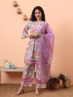 Yufta White And Purple Floral Print Lace Work A-Line Kurta Trouser Dupatta Set
