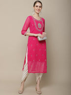 Sangria Women Pink Floral Embroidered Georgette Straight Kurta