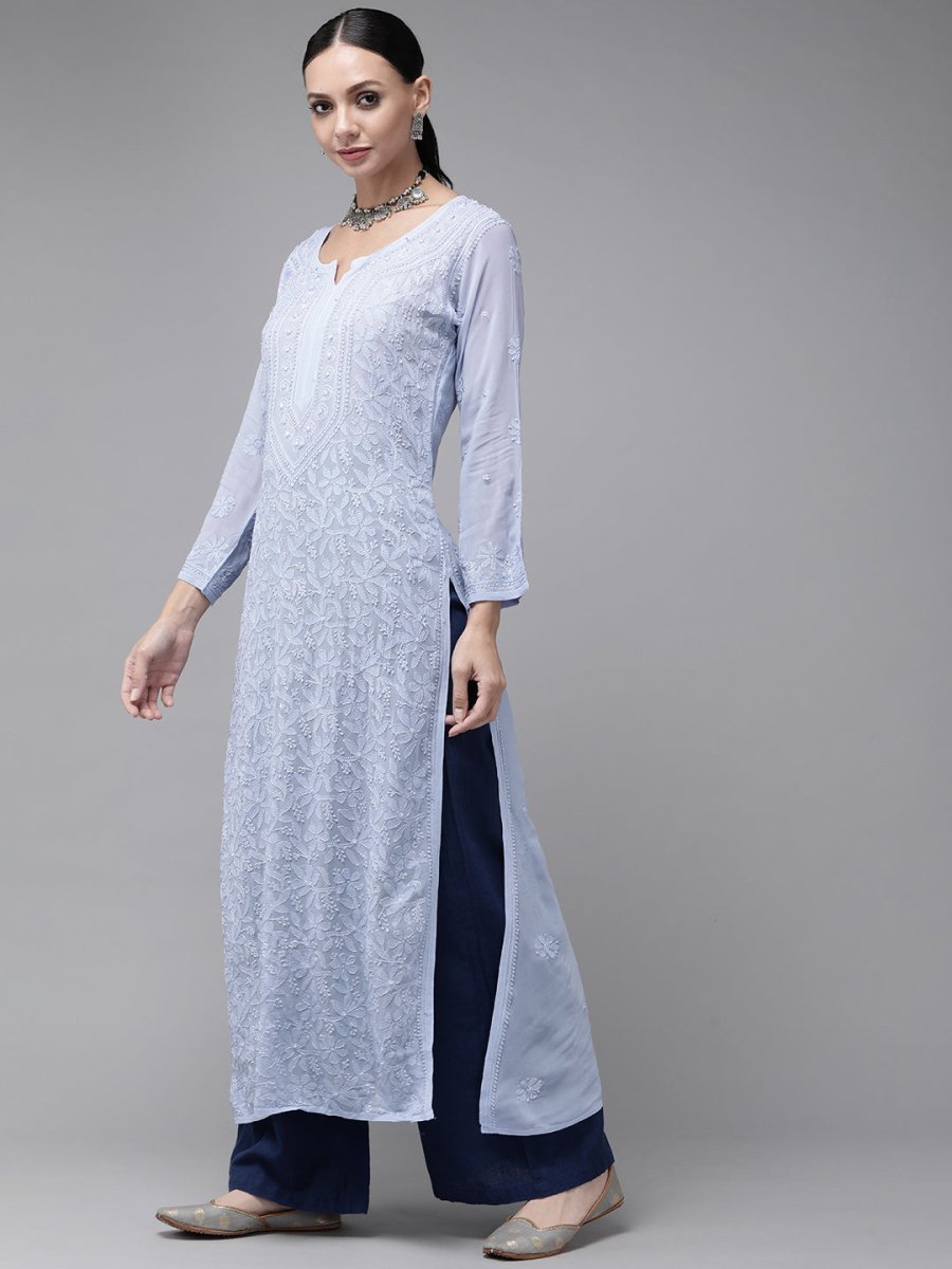 ADA Women Blue & Blue Ethnic Motifs Embroidered Chikankari Georgette Kurta
