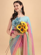 Sangria Blue & Pink Georgette Striped Zari Work Saree - Distacart
