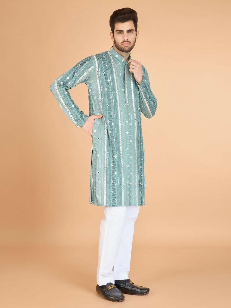 Vastranavya Pista Exclusive Festival Wear Pure Viscose Rayon Sequence & Foil Mirror Heavy Embroidered Work Kurta