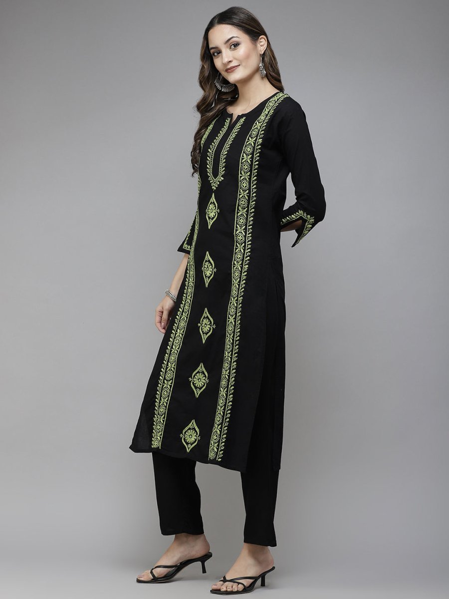 ADA Women Black & Green Ethnic Motifs Embroidered Chikankari Handloom Handloom Kurta