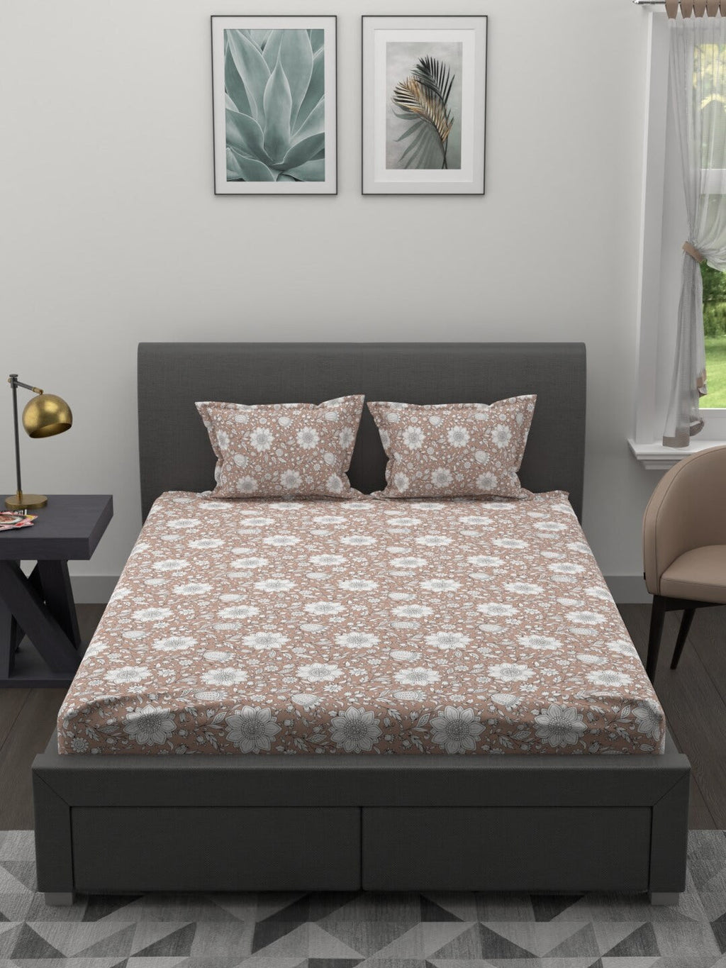 MYTRIDENT Brown White Ethnic Motifs 200 TC Cotton 1 King Bedsheet with 2 Pillow Covers