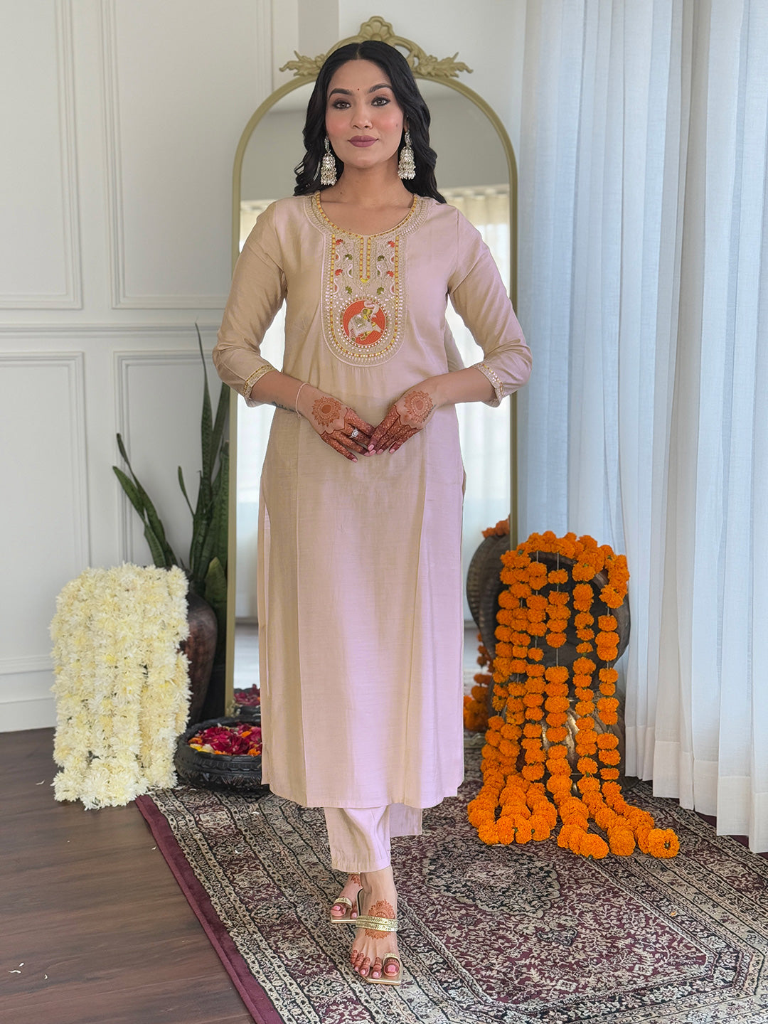 The52 Women's Chiku Embroidered Viscose Fabric Straight Kurta, Pant and Dupatta Set - Distacart