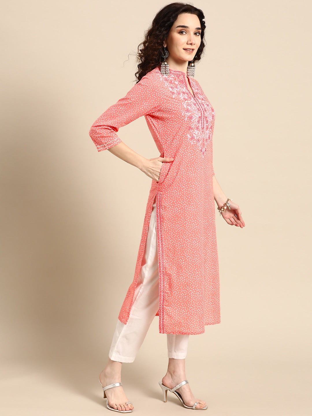 Sangria Women Pink Bandhani Printed Thread Work Pastels Kurta