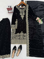 Vastranavya Black Viscose Velvet Cording Sequence With Moti Work Top-Bottom With Dupatta - Distacart