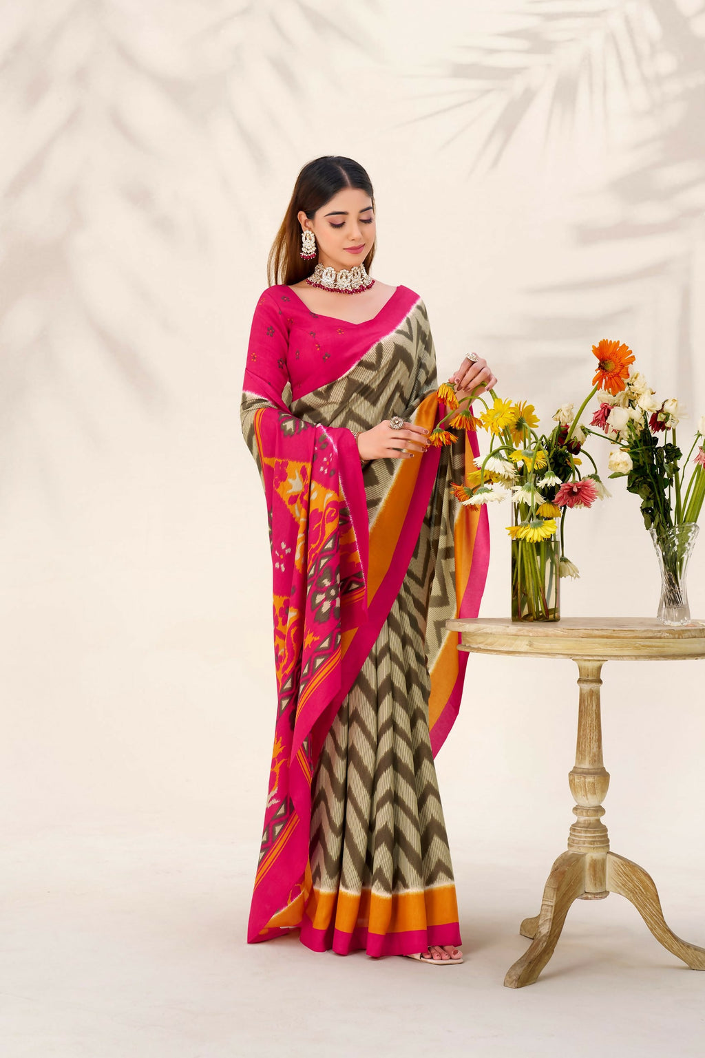 Vastranavya Mehendi Tussar Silk Zigzag Waves Printed Saree with Unstitched Blouse - Distacart