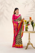 Vastranavya Mehendi Tussar Silk Zigzag Waves Printed Saree with Unstitched Blouse - Distacart