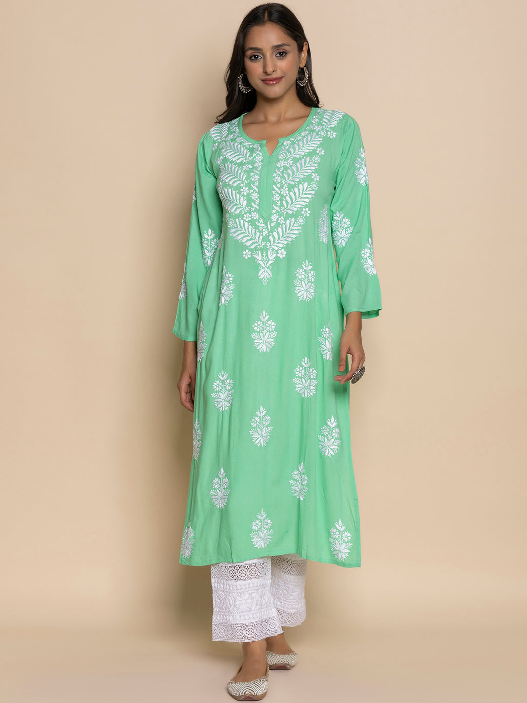 HOUSE OF KARI Floral Embroidered Chikankari A-Line Kurta
