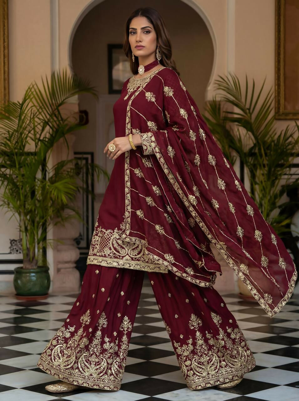 Joban Fashion Maroon Silk Embroidered Sharara Set - Distacart