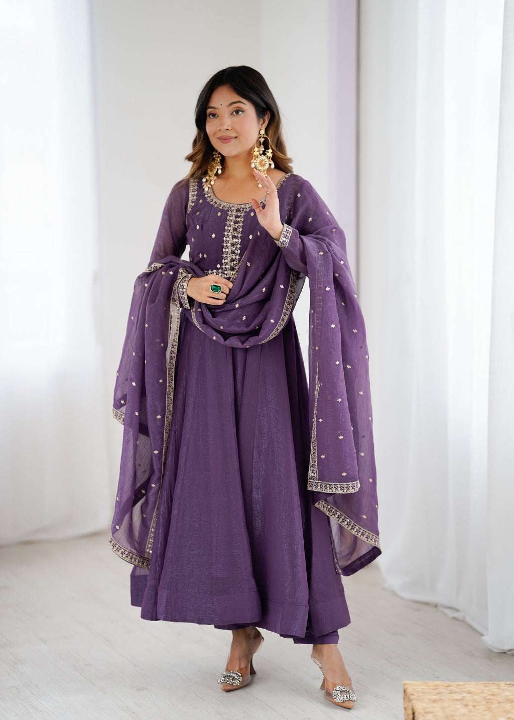 Lorenvalley Fashion Lavender Pure Crunchy Silk Embroidery Sequence Dori and zari Work Anarkali Gown Pant with Dupatta Set - Distacart