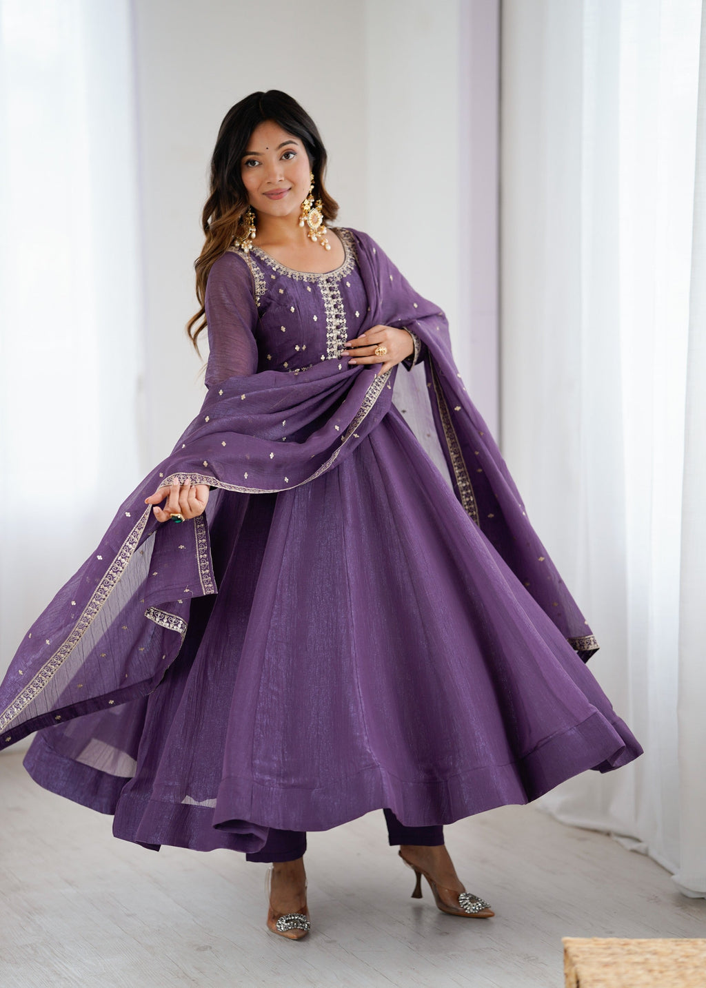 Lorenvalley Fashion Lavender Pure Crunchy Silk Embroidery Sequence Dori and zari Work Anarkali Gown Pant with Dupatta Set - Distacart