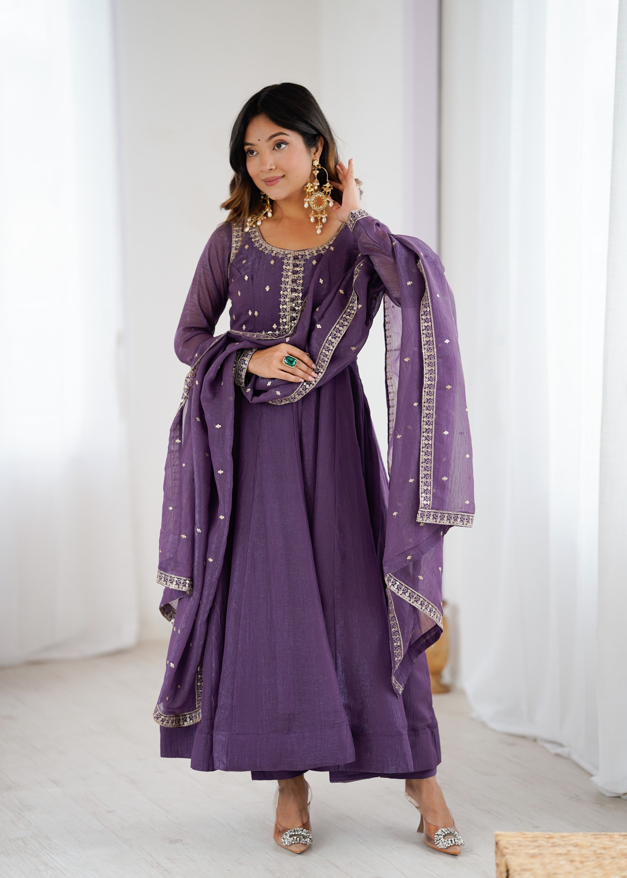 Lorenvalley Fashion Lavender Pure Crunchy Silk Embroidery Sequence Dori and zari Work Anarkali Gown Pant with Dupatta Set - Distacart