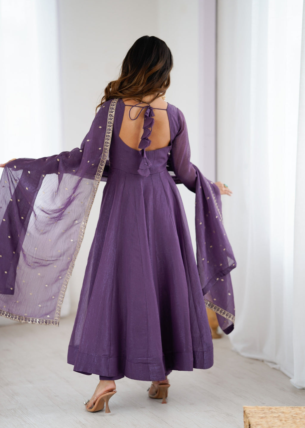 Lorenvalley Fashion Lavender Pure Crunchy Silk Embroidery Sequence Dori and zari Work Anarkali Gown Pant with Dupatta Set - Distacart
