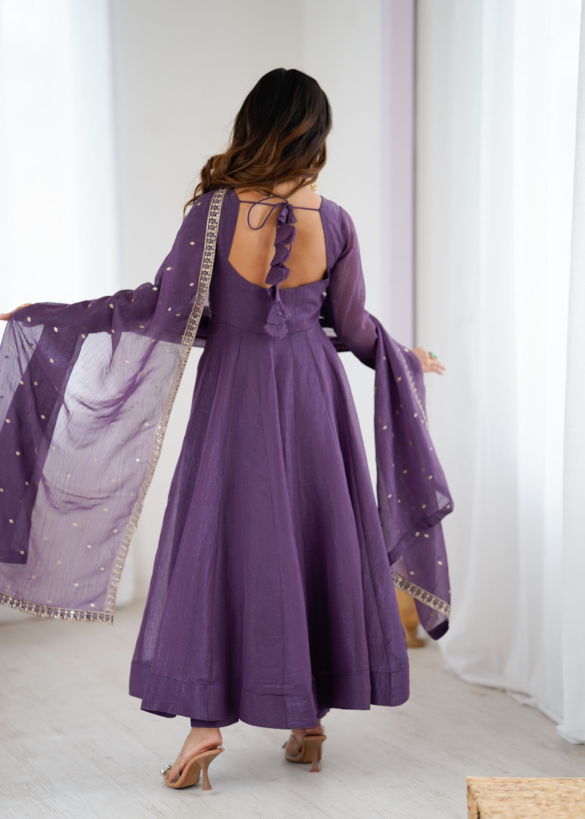 Lorenvalley Fashion Lavender Pure Crunchy Silk Embroidery Sequence Dori and zari Work Anarkali Gown Pant with Dupatta Set - Distacart