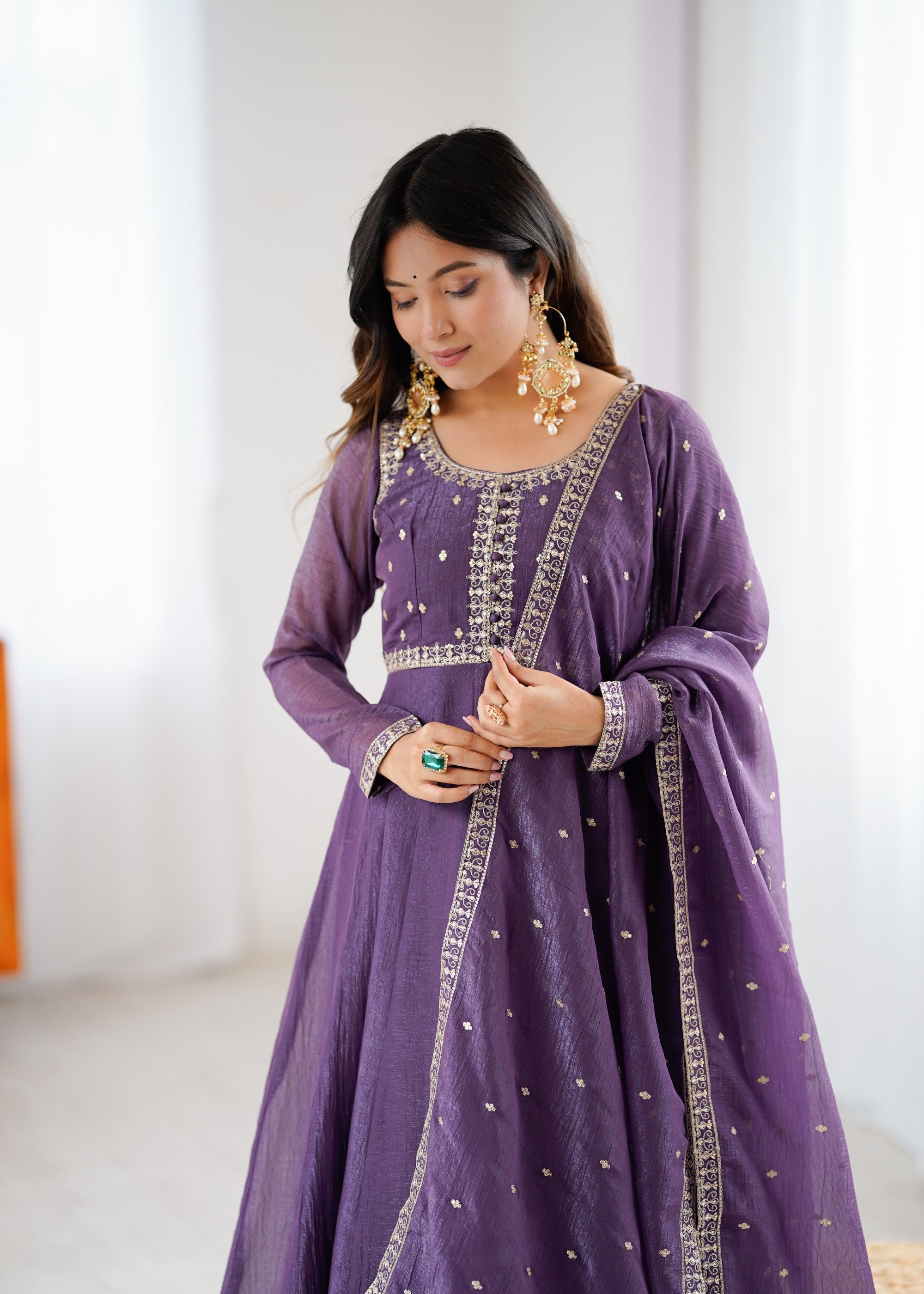 Lorenvalley Fashion Lavender Pure Crunchy Silk Embroidery Sequence Dori and zari Work Anarkali Gown Pant with Dupatta Set - Distacart