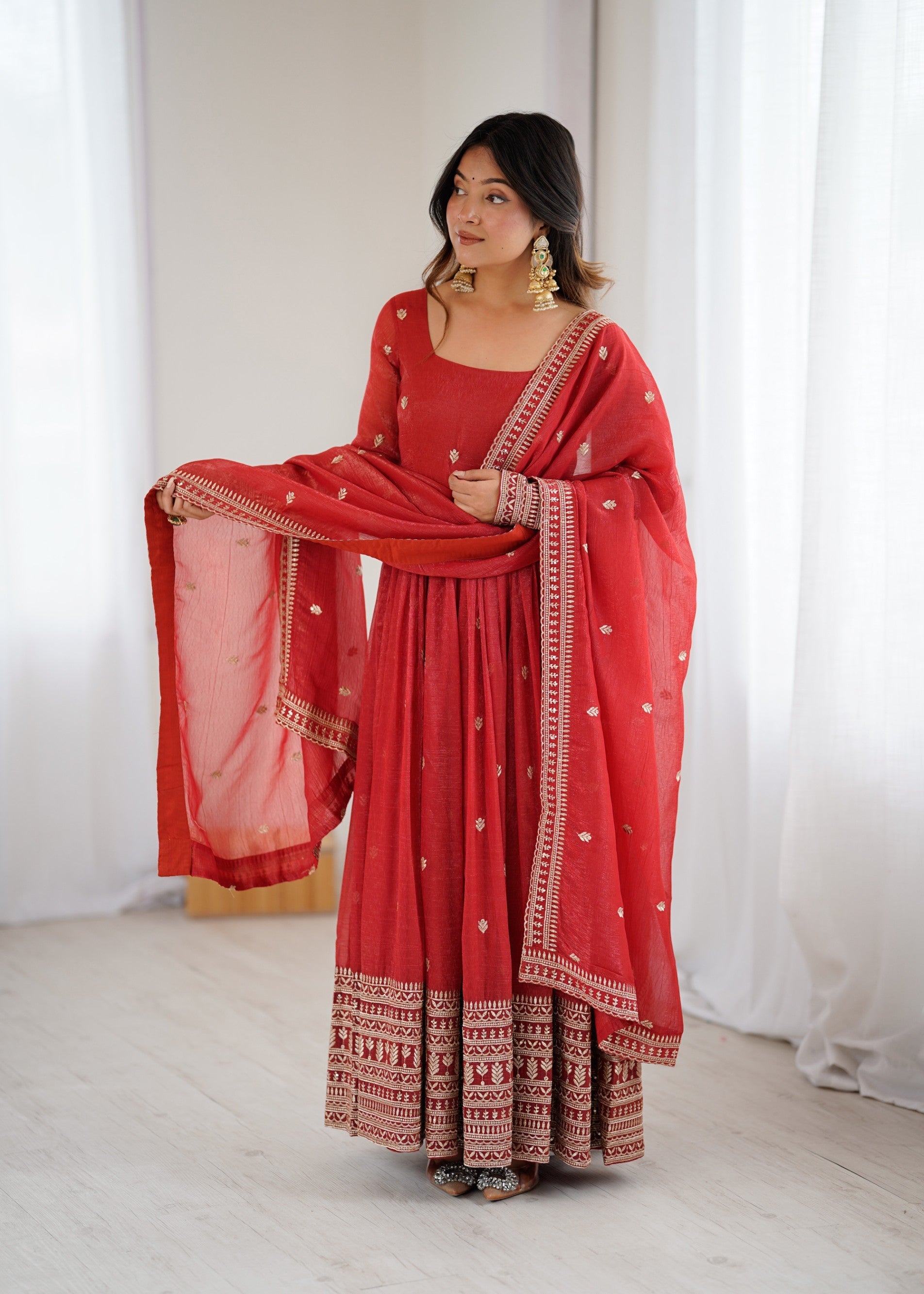 Lorenvalley Fashion Rust Crunchy Silk Embroidery Jari and Sequence Work Anarkali Gown with Dupatta - Distacart