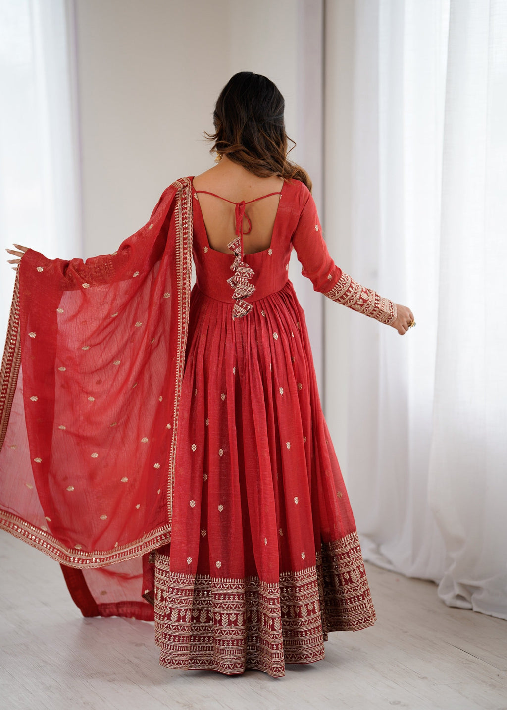 Lorenvalley Fashion Rust Crunchy Silk Embroidery Jari and Sequence Work Anarkali Gown with Dupatta - Distacart