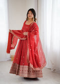 Lorenvalley Fashion Rust Crunchy Silk Embroidery Jari and Sequence Work Anarkali Gown with Dupatta - Distacart