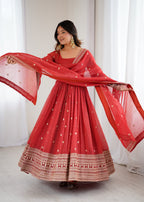 Lorenvalley Fashion Rust Crunchy Silk Embroidery Jari and Sequence Work Anarkali Gown with Dupatta - Distacart