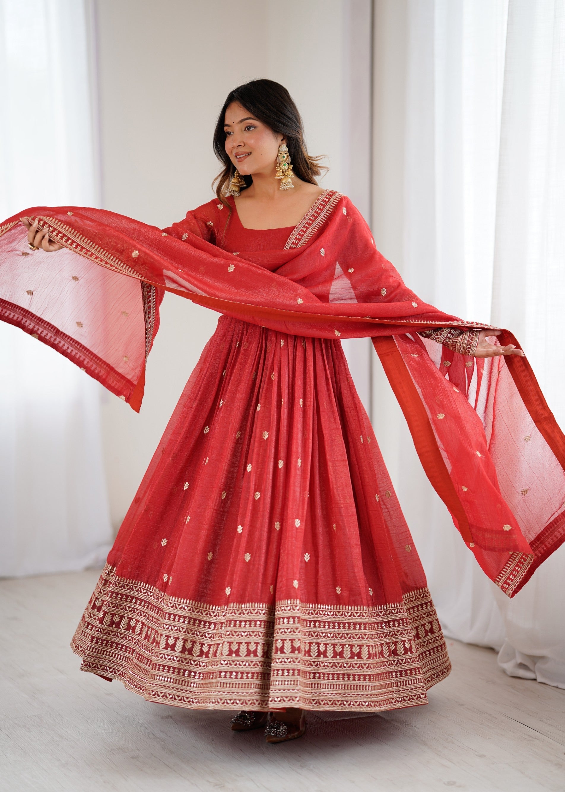 Lorenvalley Fashion Rust Crunchy Silk Embroidery Jari and Sequence Work Anarkali Gown with Dupatta - Distacart