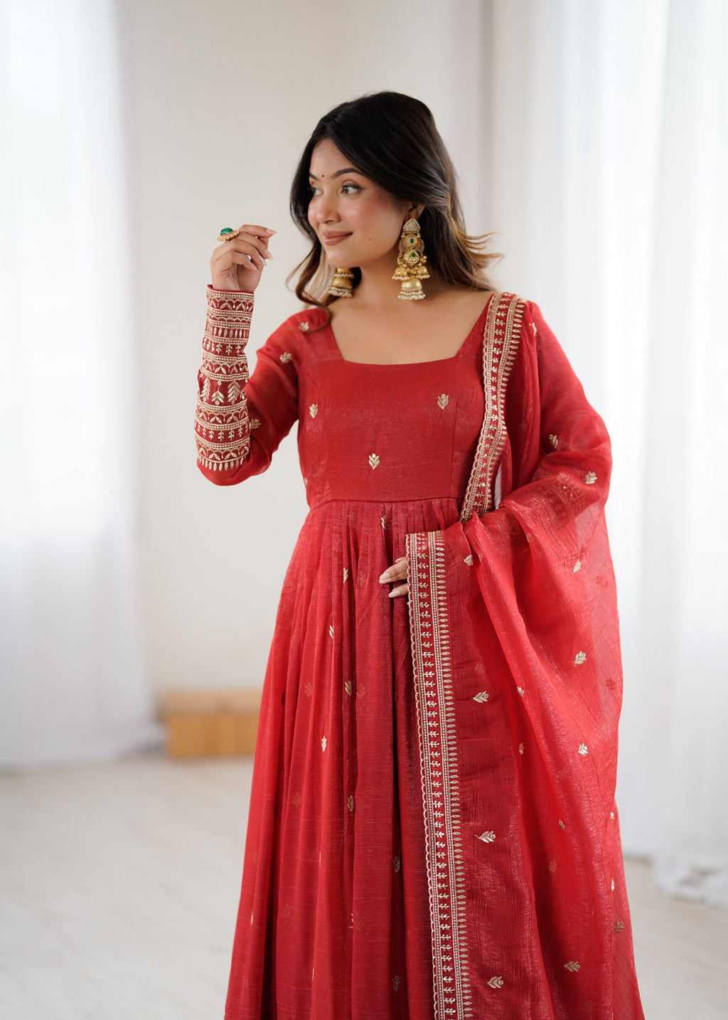 Lorenvalley Fashion Rust Crunchy Silk Embroidery Jari and Sequence Work Anarkali Gown with Dupatta - Distacart