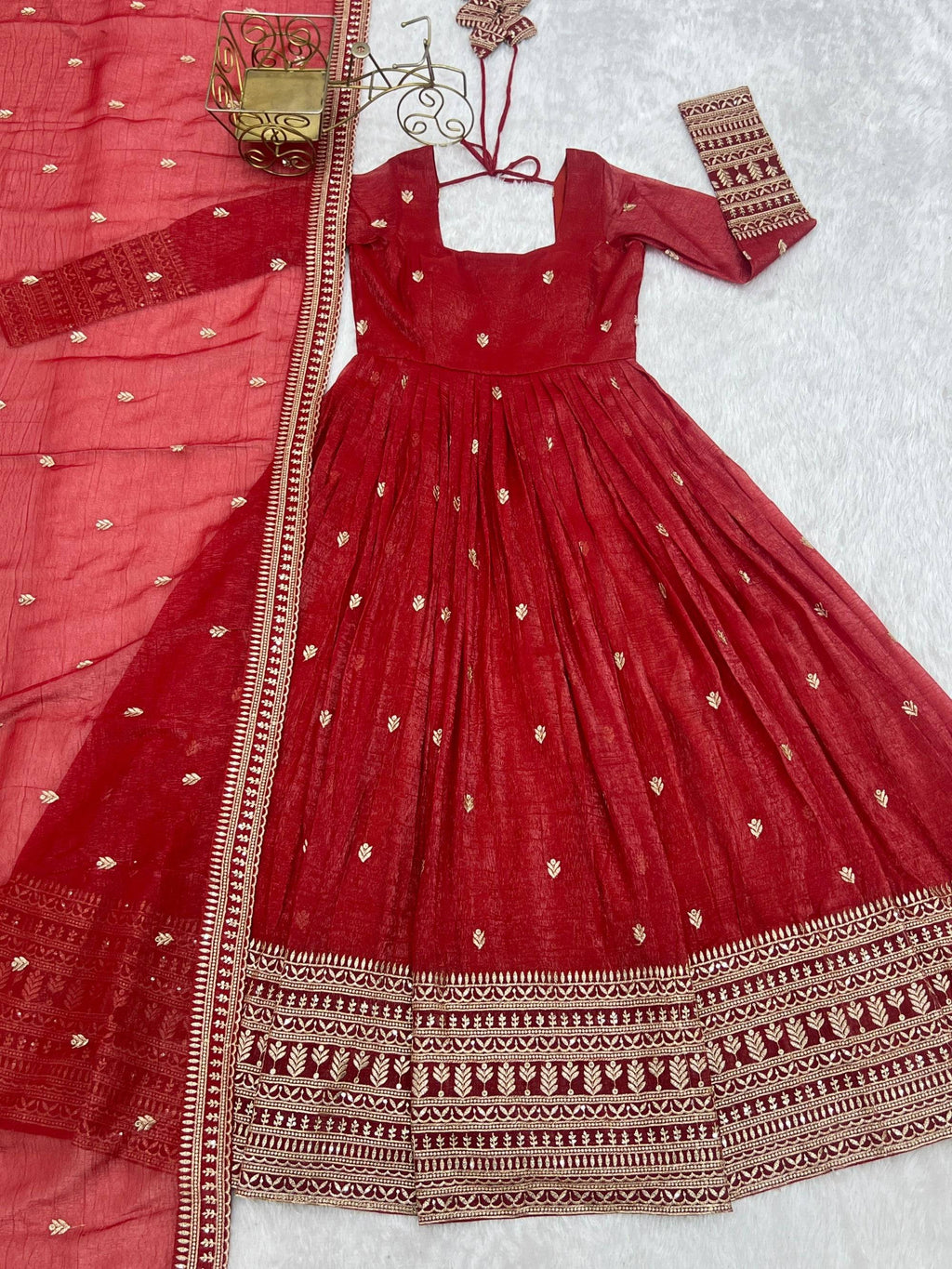 Lorenvalley Fashion Rust Crunchy Silk Embroidery Jari and Sequence Work Anarkali Gown with Dupatta - Distacart