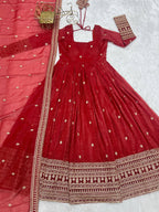 Lorenvalley Fashion Rust Crunchy Silk Embroidery Jari and Sequence Work Anarkali Gown with Dupatta - Distacart
