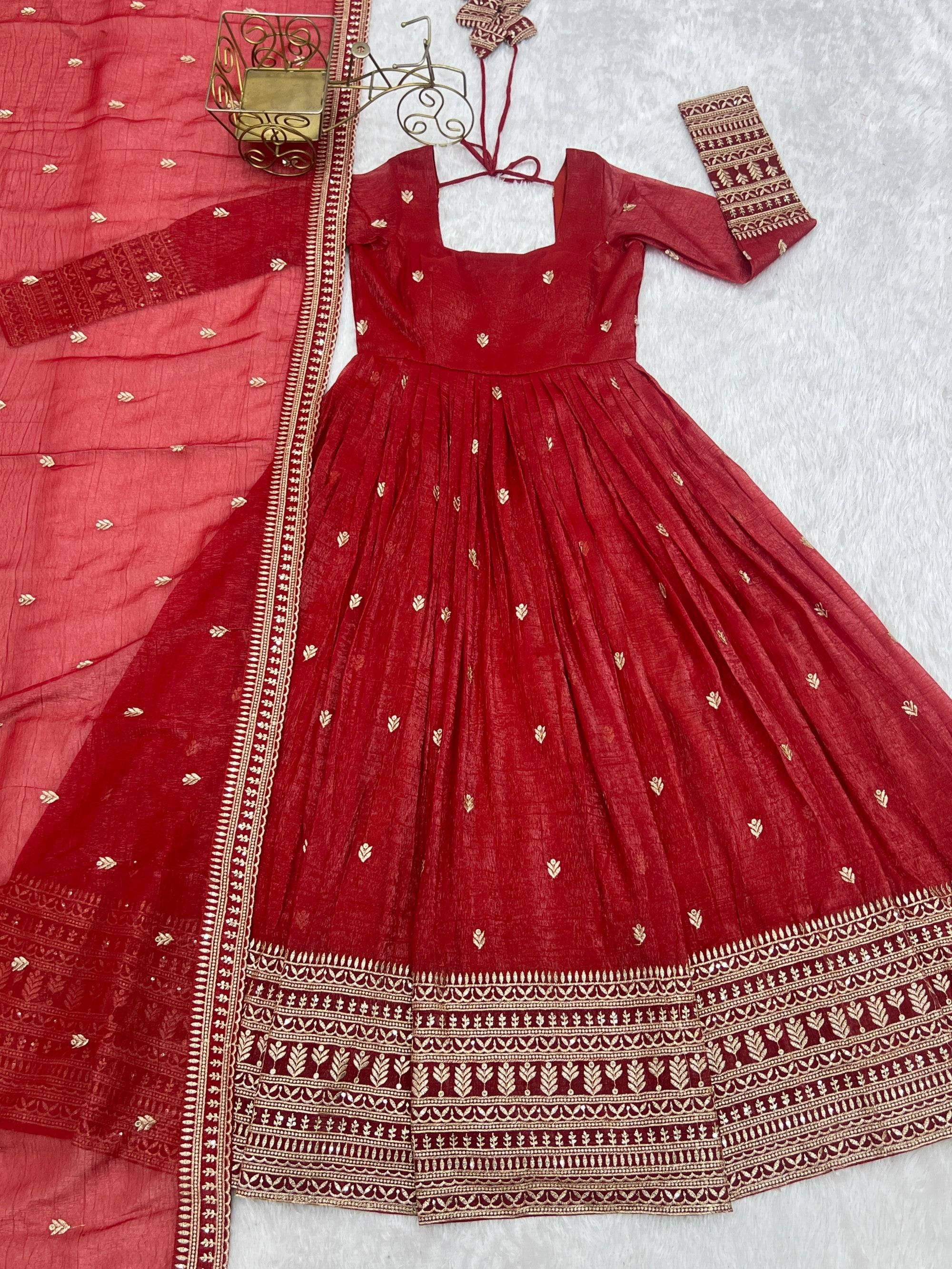 Lorenvalley Fashion Rust Crunchy Silk Embroidery Jari and Sequence Work Anarkali Gown with Dupatta - Distacart