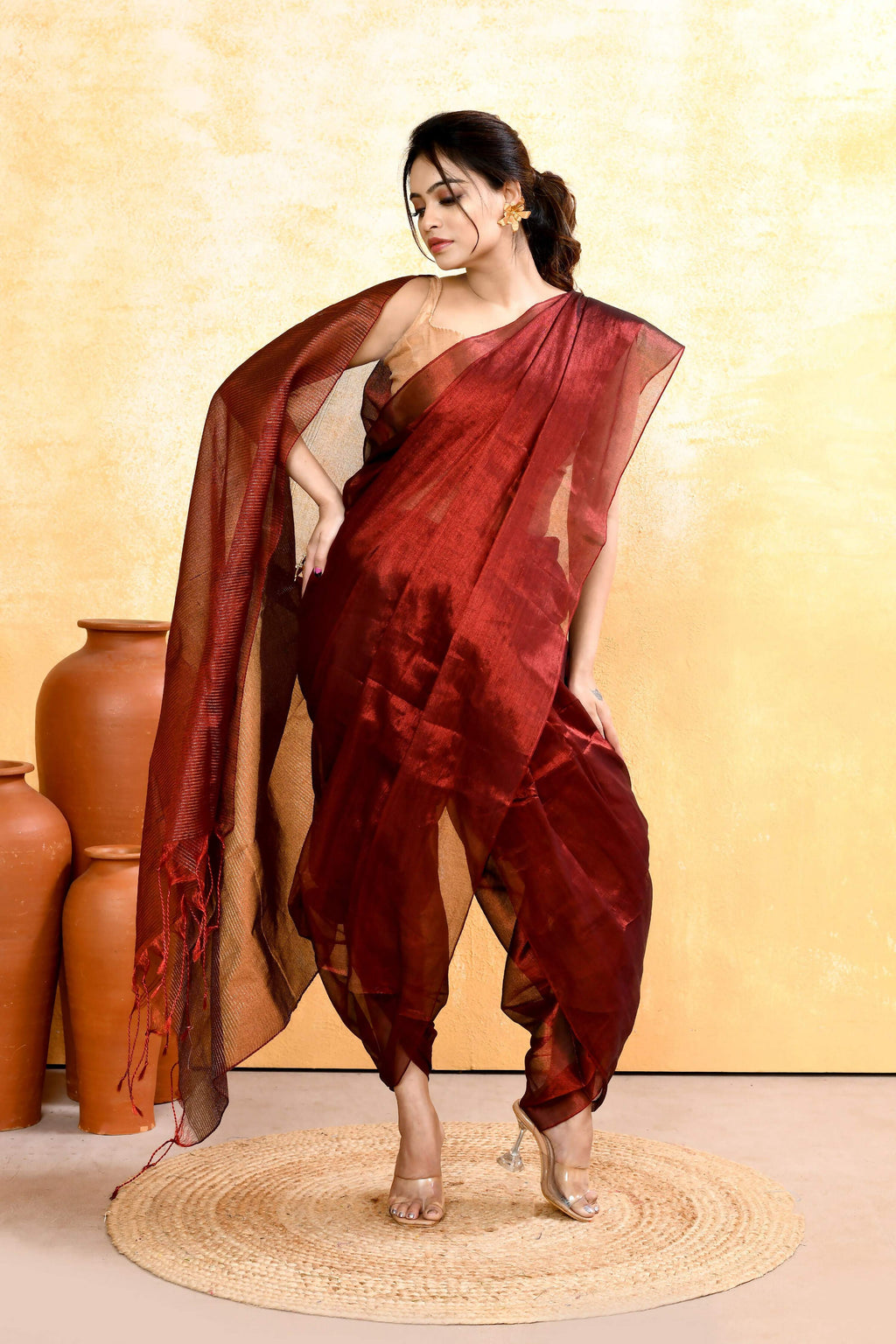 Piyari Fashion Women's Maroon Dual Tone Organic Tissue Saree With Blouse Piece - Distacart