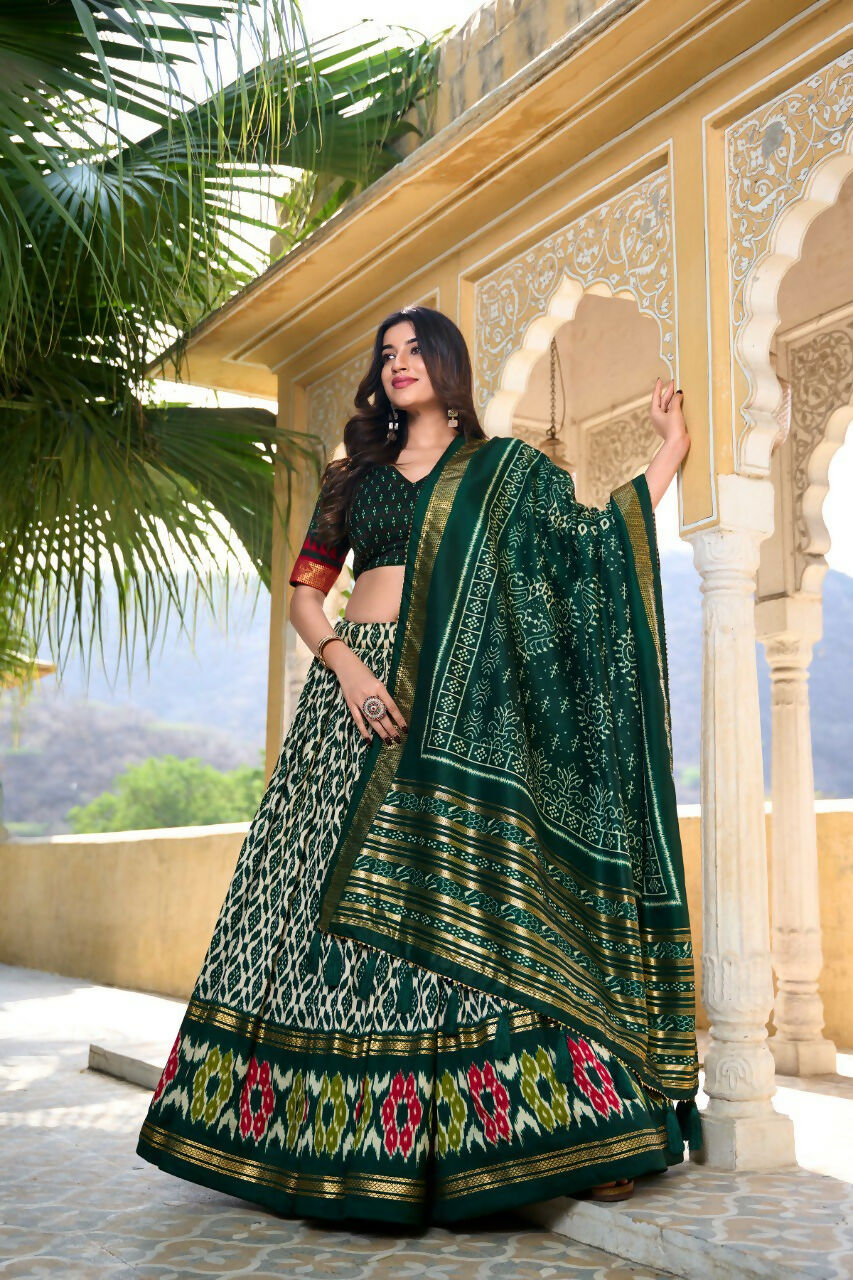 Vastranavya Designer Ikkat Print With Foil Work Lehenga Choli - Green
